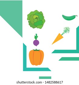 Cabbage, beet, carrot, pepper, cucumber, fresh vegetables. Organic food poster. Farmer market design. Vector background.