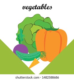 Cabbage, beet, carrot, pepper, cucumber, fresh vegetables. Organic food poster. Farmer market design. Vector background.