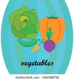 Cabbage, beet, carrot, pepper, cucumber, fresh vegetables. Organic food poster. Farmer market design. Vector background.