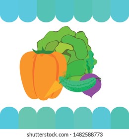 Cabbage, beet, carrot, pepper, cucumber, fresh vegetables. Organic food poster. Farmer market design. Vector background.