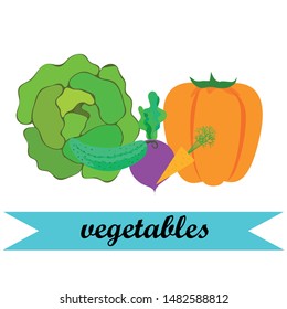 Cabbage, beet, carrot, pepper, cucumber, fresh vegetables. Organic food poster. Farmer market design. Vector background.