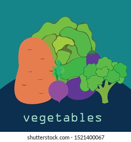 Cabbage, beet, eggplant, potato, broccoli, fresh vegetables. Organic food poster. Farmer market design. Vector background