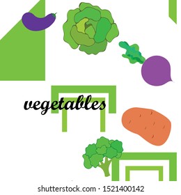 Cabbage, beet, eggplant, potato, broccoli, fresh vegetables. Organic food poster. Farmer market design. Vector background