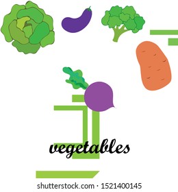 Cabbage, beet, eggplant, potato, broccoli, fresh vegetables. Organic food poster. Farmer market design. Vector background