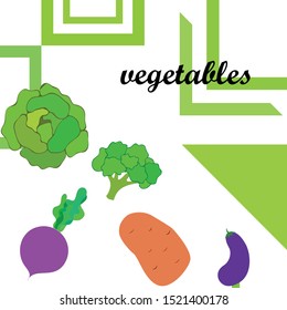 Cabbage, beet, eggplant, potato, broccoli, fresh vegetables. Organic food poster. Farmer market design. Vector background