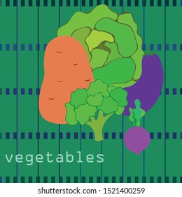 Cabbage, beet, eggplant, potato, broccoli, fresh vegetables. Organic food poster. Farmer market design. Vector background