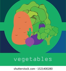 Cabbage, beet, eggplant, potato, broccoli, fresh vegetables. Organic food poster. Farmer market design. Vector background