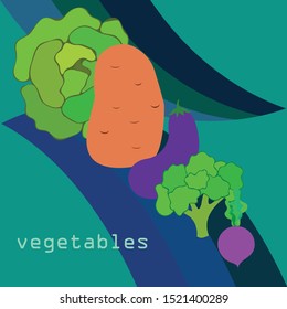 Cabbage, beet, eggplant, potato, broccoli, fresh vegetables. Organic food poster. Farmer market design. Vector background