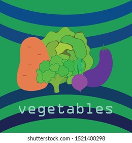 Cabbage, beet, eggplant, potato, broccoli, fresh vegetables. Organic food poster. Farmer market design. Vector background