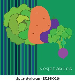 Cabbage, beet, eggplant, potato, broccoli, fresh vegetables. Organic food poster. Farmer market design. Vector background