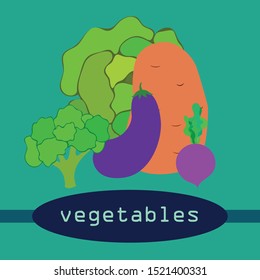 Cabbage, beet, eggplant, potato, broccoli, fresh vegetables. Organic food poster. Farmer market design. Vector background