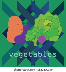 Cabbage, beet, eggplant, potato, broccoli, fresh vegetables. Organic food poster. Farmer market design. Vector background