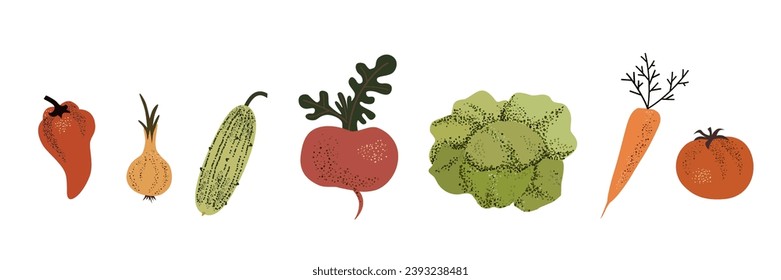 remolacha de col tornips zanahorias cebollas tomates pimientos verduras de pepino simple doodle dibujo arte moderno ilustración vectorial aislado en fondo blanco