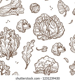 La col y el brócoli, la coliflor y la lechuga, los brotes dejan un vector de patrón sano sin fisuras para los alimentos. Esquema monocromo de boceto de harina orgánica, brussel dietético de productos de espinacas verdes conjunto de verduras