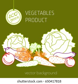 Cabbage, carrot, pepper, cucumber, eggplant, beetroot, tomato, broccoli, vegetable set, vector background, fresh vegetables, healthy diet, greeting card
