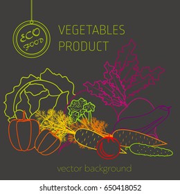 Cabbage, carrot, pepper, cucumber, eggplant, beetroot, tomato, broccoli, vegetable set, vector background, fresh vegetables, healthy diet, greeting card