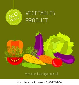 Cabbage, carrot, pepper, cucumber, eggplant, beetroot, tomato, broccoli, vegetable set, vector background, fresh vegetables, healthy diet, greeting card

