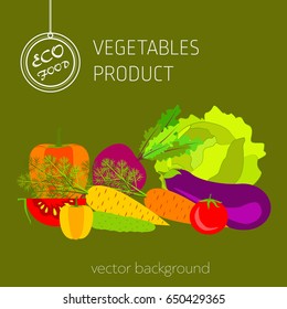 Cabbage, carrot, pepper, cucumber, eggplant, beet, tomato, vegetable set, vector background, fresh vegetables, healthy diet, greeting card
