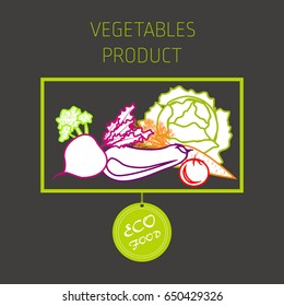 Cabbage, carrots, aubergine, beetroot, tomato, broccoli, vegetable set, vector background, fresh vegetables, healthy diet, greeting card
