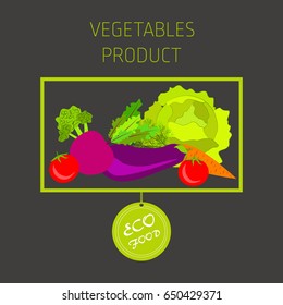 Cabbage, carrots, aubergine, beetroot, tomato, broccoli, vegetable set, vector background, fresh vegetables, healthy diet, greeting card
