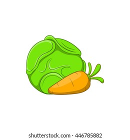 Cabbage and carrots icon in cartoon style isolated on white background. Vegetables symbol