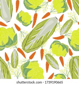 Cabbage and carrots on a white background. Vector seamless pattern.