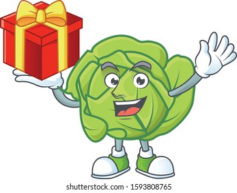 Cabbage cartoon character with a box of gift