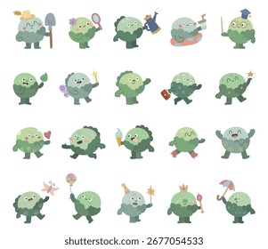 Cabbage character set in scandinavian style with different emotions and poses including birthday, holiday, celebration, valentine, study, cooking, sport, business, fantasy, magic, skating
