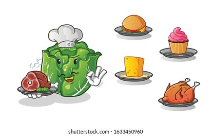 cabbage chef with many types of food cartoon. including cheese, burgers, cupcakes, chicken and beef. cute chibi cartoon mascot vector