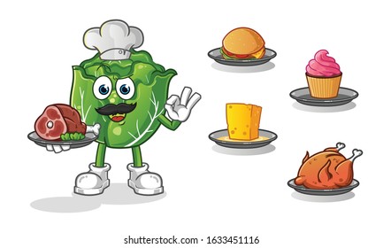 cabbage chef with many types of food cartoon. including cheese, burgers, cupcakes, chicken and beef. cartoon mascot vector
