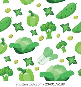 Cabbage, cucumber, pepper, broccoli seamless pattern. Endless pattern can be used for ceramic tile, wallpaper, textile, web page background. Vector cartoon illustration.