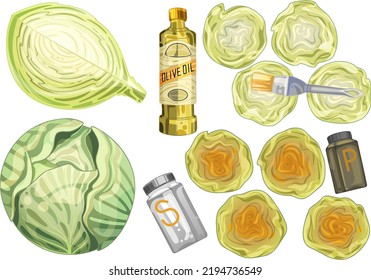 Cabbage in different angles.  Cabbage steak cooked with olive oil and spices. Drawn in a group and in a section, vector illustration