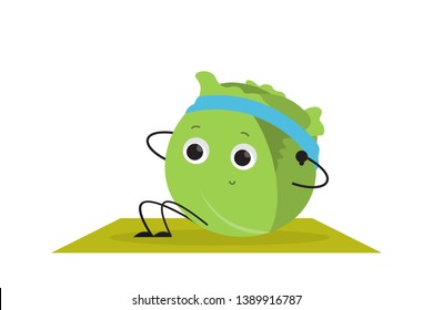 Cabbage doing sport exercise in the gym. Funny character doing ABS workout. Isolated vector illustration in cartoon style