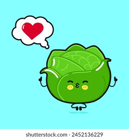 Cabbage doing yoga with speech bubble. Vector hand drawn cartoon kawaii character illustration icon. Isolated on blue background. Cabbage in love character concept