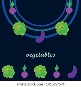 Cabbage, eggplant, beets, fresh vegetables. Organic food poster. Farmer market design. Vector background.