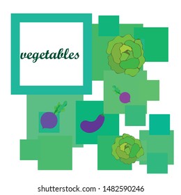 Cabbage, eggplant, beets, fresh vegetables. Organic food poster. Farmer market design. Vector background.