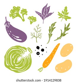 Cabbage, eggplant, broccoli, carrot, potatoes, herbs. Colorful sketch collection of vegetables and herbs isolated on white background. Doodle hand drawn vegetable icons. Vector illustration