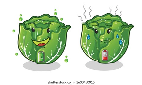 cabbage full battery good mod and low battery bad mod cartoon. cute chibi cartoon mascot vector