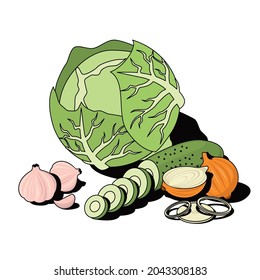 Cabbage, garlic, onion, cucumber. Vector 3d sketch line isometric, color icon illustration, flat style. Creative design idea and elements for infographics and website.