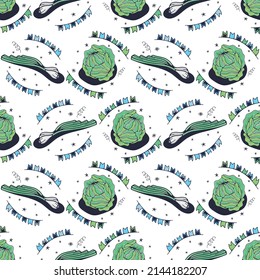 Cabbage and Green onion. Seamless pattern on a white background. Cute vector illustration.