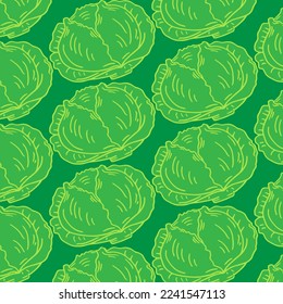 Cabbage hand drawn vector seamless pattern. Cabbage, chinese cabbage, brussel sprout. Isolated vegetable engraved style objects. Detailed vegetarian food drawing background. Farm market product.