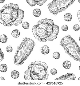 Cabbage hand drawn vector seamless pattern. Cabbage, chinese cabbage, brussel sprout. Isolated vegetable engraved style objects. Detailed vegetarian food drawing background. Farm market product. 