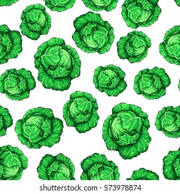 Cabbage hand drawn vector seamless pattern. Vegetable artistic style object. Isolated on white background. Detailed vegetarian food drawing. Eco Farm market product.