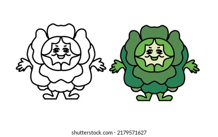 Cabbage, head of cabbage, cartoon character, drawing white with black outline and in color, on a transparent background, coloring book for children