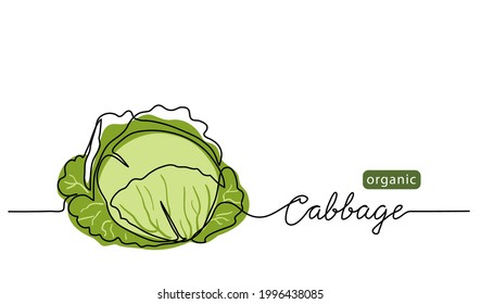 Cabbage head, cole simple vector illustration for background. One line drawing art illustration with lettering organic cabbage.