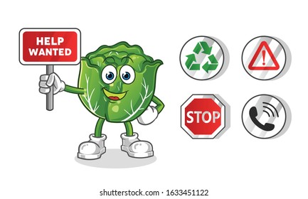 cabbage holding sign cartoon. including recycling sign, caution, stop, telephone. cartoon mascot vector
