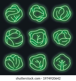 Cabbage icons set. Outline set of cabbage vector icons neon color on black