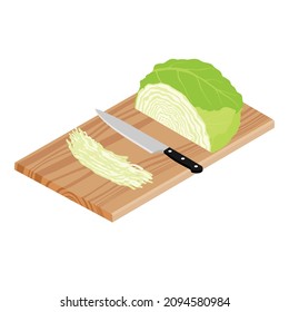 Cabbage, knife and cutted cabbage on wooden chopping board isolated on white background, isometric view. Vector