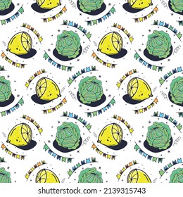 Cabbage and Lemon. Seamless pattern on a white background. Cute vector illustration.