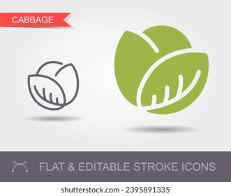 Cabbage. Line icon with editable stroke with shadow and flat icon